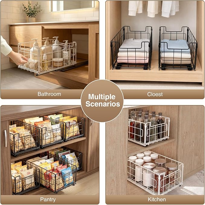 Pull Out Cabinet Sliding Basket Organizer, Heavy Duty Slide Out Drawer for Kitchen Cabinet, No Drill Adhesive Sliding Shelves for Kitchen Bathroom Home, 13.8" D x 8.5" W x 6.3" H, White