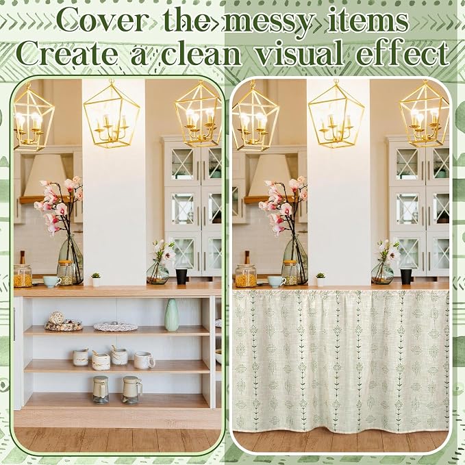 VitalCozy Cabinet Curtain 28" W x 51" L Sink Skirt for Bathroom Kitchen Green Flowers Striped Short Curtain for Home Classroom Farmhouse Rustic Drape Under Desk Privacy Drape for Laundry Room
