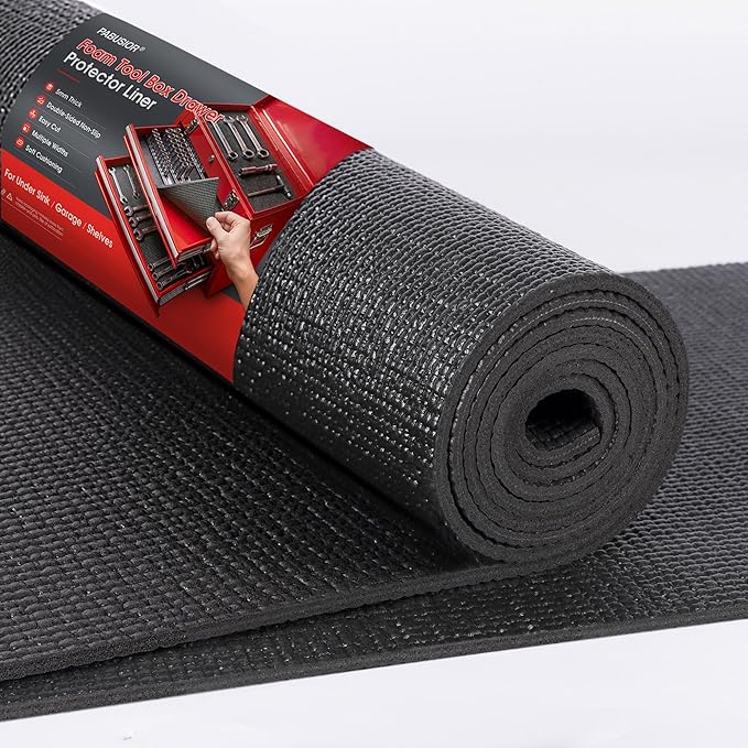 PABUSIOR Thick Toolbox Drawer Liners: Non Slip Heavy Duty Tool Box Foam Shelf Liner - Black Strong Grip Cabinet Protector Mat for Garage Shelves 12" W x 197" L