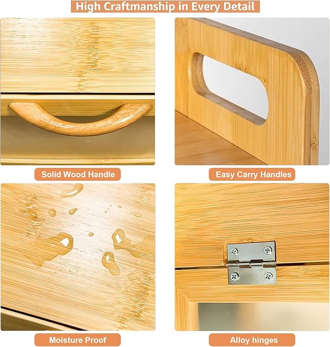 BAMBANG Extra Large Bread Box, Bread Box for Homemade Bread, Bamboo Wooden Bread Storage Container with Tool Holder & Handles & Window, Assembly Required(14.9" x 9.8" x 9.4") Natural