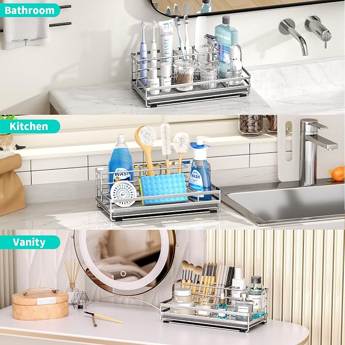 HapiRm Toothbrush Holders for Bathroom - 5 Partitions Bathroom Counter Organizer with Instant Drying Stone, Stainless Steel Countertop Storage Electric Toothbrush Toothpaste Holder - Silver