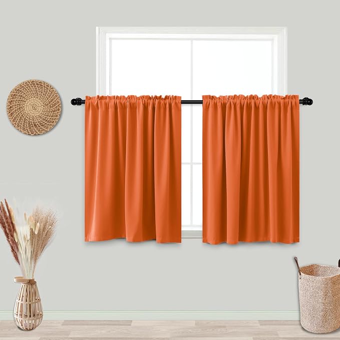 KOUFALL Fall Kitchen Cafe Curtains 24 Inch Length for Window Over Sink,Orange Autumn Pumpkin Color Blackout Decorative Curtains