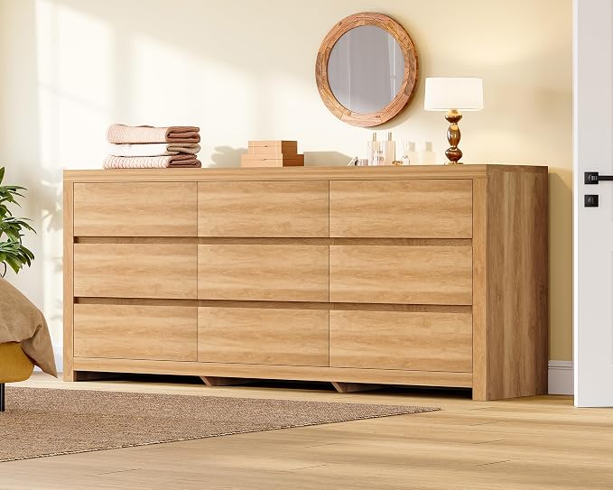 TEENFON 63" Dresser for Bedroom with 9 Drawers, Modern Dressers & Chests of Drawers with Metal Handles, Wooden Dresser TV Stand, Bedroom Dressers, for Bedroom, Hallway, Natural