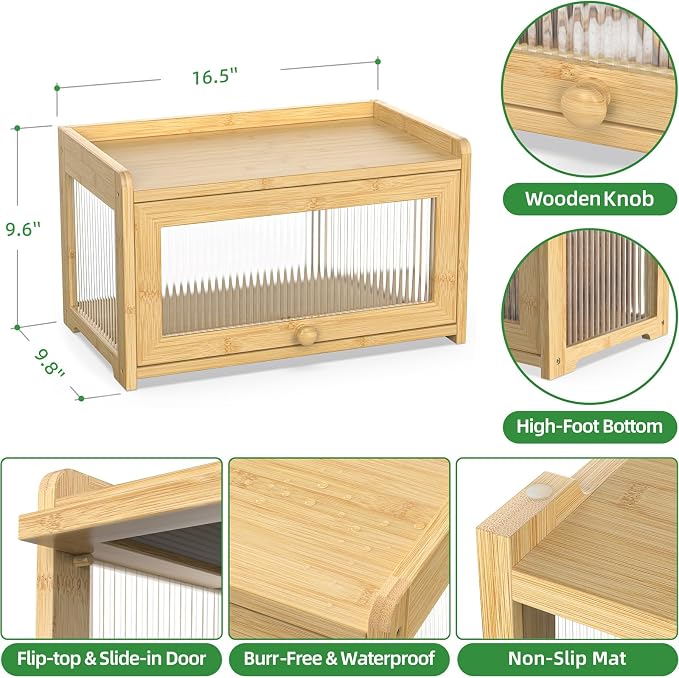 BAMBANG Bamboo Bread Box for Kitchen Countertop, Extra Large Farmhouse Bread Box with 4-Side Clear Panels, Wooden Bread Storage Container for Homemade Bread, Natural