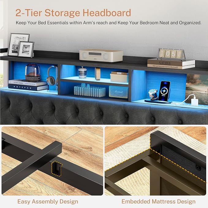 TEENFON Full Size Bed Frame with Storage 4 Drawers & LED Lights, Upholstered Headboard with Shelves and Built in Charging Station, Metal Platform Noise-Free/No Box Spring Needed, Black