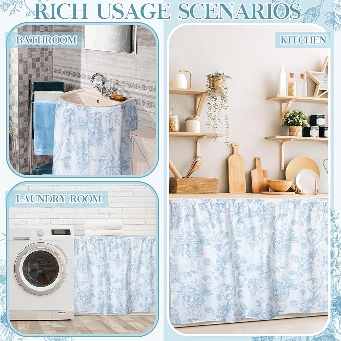 VitalCozy Cabinet Curtains 35" W x 35" L Sink Skirt for Bathroom Kitchen Blue Flower Floral Cabinet Curtains for Classroom Home Farmhouse Rustic Drape Under Desk Privacy Drape for Laundry Room