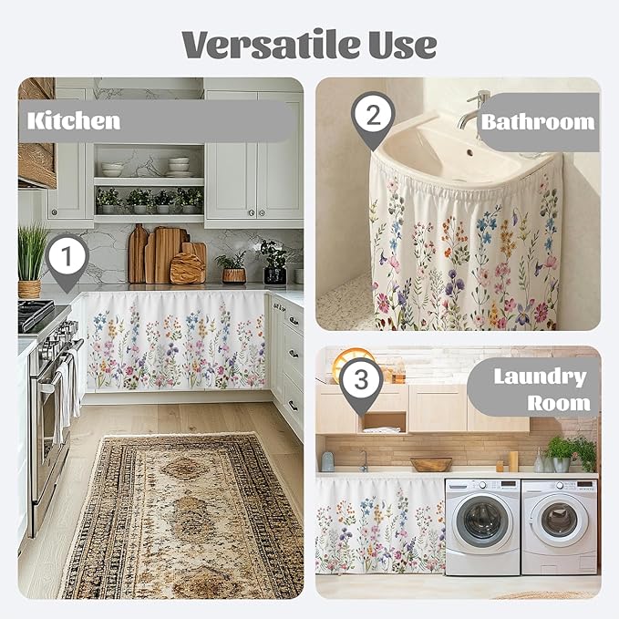 Wildflowers Sink Skirt for Bathroom, Self Stick Adhesive Waterproof Fabric, Under Sink Curtain Skirt, Pedestal Sink Accessories Decor