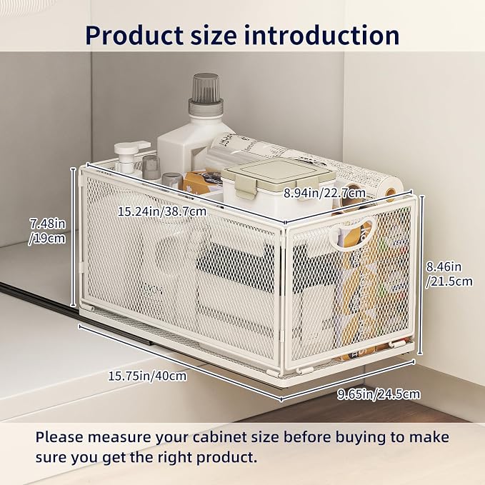 Pull Out Cabinet Organizer, No Drill Adhesive Sliding Drawers for Kitchen, Metal Mesh Wire Storage Shelf for Pantry & Under Sink, White (9.6" W x 15.7" D x 8.4" H)