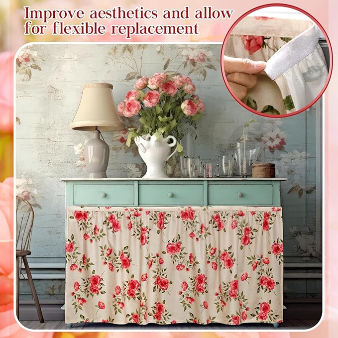 VitalCozy Cabinet Curtains 28" W x 51" L Sink Skirt for Bathroom Kitchen Vintage Rose Floral Cabinet Curtains for Classroom Home Farmhouse Rustic Drape Under Desk Privacy Drape for Laundry Room