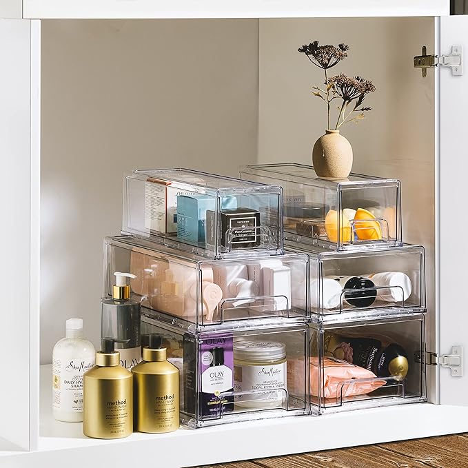 Sorbus Medium Clear Storage Drawers (2 Pack) – Stackable Organizer Drawers for Fridge, Pantry, Kitchen – Pull-Out Storage Bins with Handles, Slide Out Acrylic Drawers