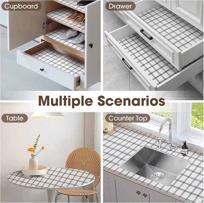 Drawer and Shelf Liner, Non-Slip Kitchen Cabinet Liners Non-Adhesive Thick Strong Grip Waterproof Washable Mats Protect Dresser Shelves Cupboard Bathroom Cabinets, White Stripes, 24IN X 10FT