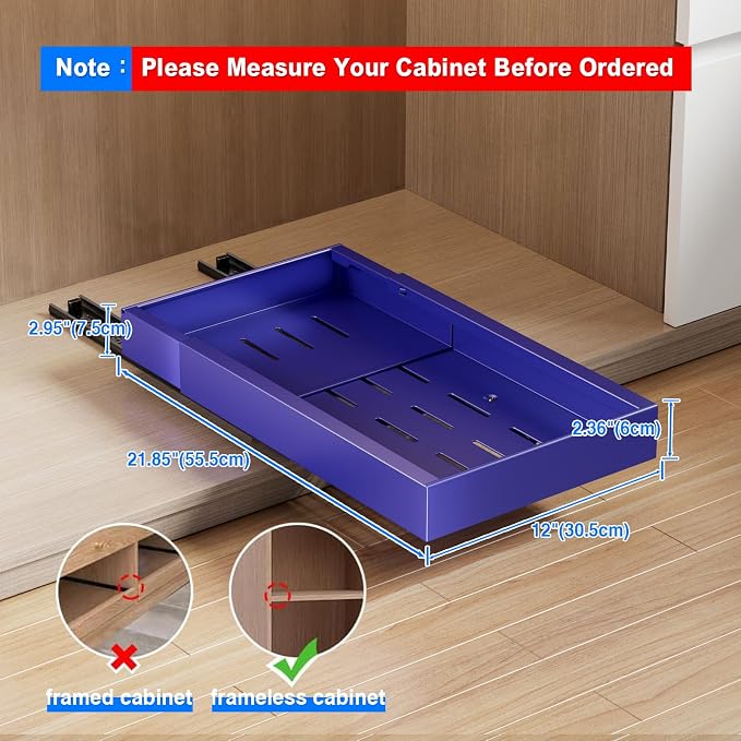 Mustorn 2 Pack Pull Out Cabinet Organizer,21.8" Deep Slide Out Drawer for Cabinets Adhesive Pull Out Drawers Heavy Duty Pull Out Shelves for Kitchen,Cupboard,Pantry,Bathroom-Blue