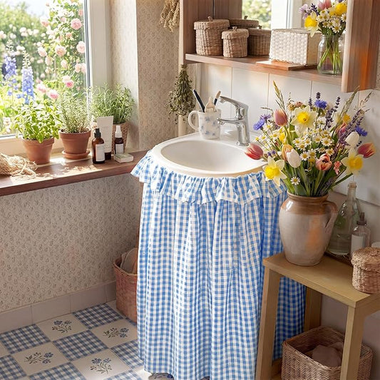 Blue Ruffle Gingham Sink Skirt Self-Adhesive Bathroom Stitch Self Stick Adhesive Fabric Under Sink Curtain Skirt 55'' x 32'' for Bathroom Kitchen Laundry Utility Room Decor