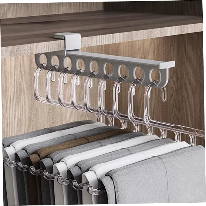 Closet Valet Rod Slide Out, 9-Holes Plastic Pull Out Pants Rack for Closet, Silent Slide Valet Rod, No-Drill Space-Saving Organizer, Gray.