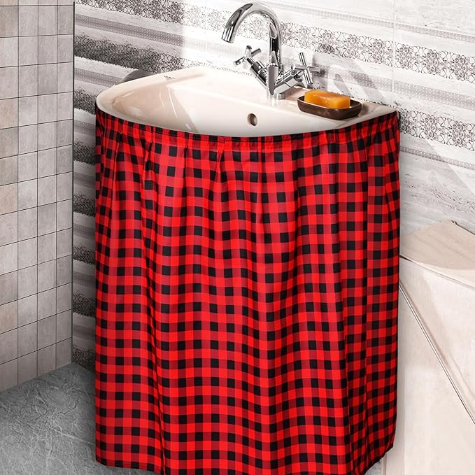 Fabric Sink Skirt Diamond Bathroom Stitch Self Stick Adhesive Waterproof Fabric Under Sink Curtain Skirt 55 x 32 Inch Adds Bathroom Storage(Red and Black,Classic Style)