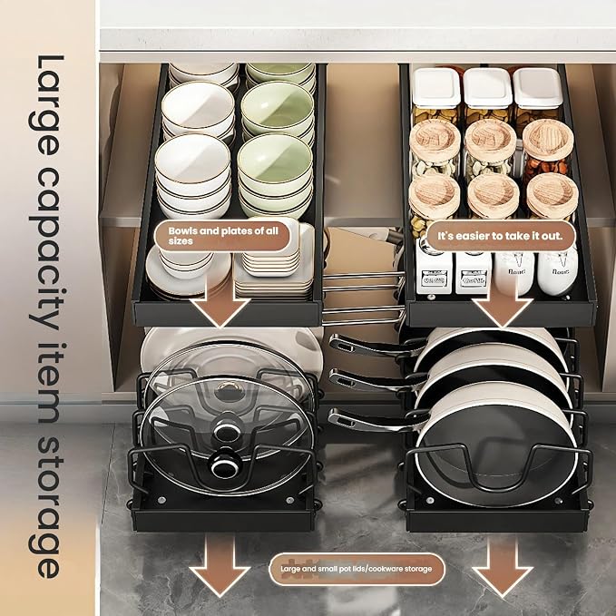Pull out drawers Pots and Pans Organizer With M-Shaped Vertical Slots Under Cabinet，Slide Out inside Cabinet Storage for Pot Lid Holder And Spoon Rest,Dishes,7 Adjustable Dividers(Black,Basic)