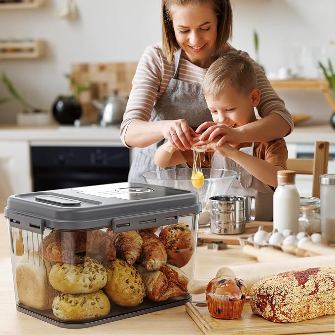 Olimingse Bread Box, 10L Gray Airtight Braed Storage Container, Bread Box For Kitchen Countertop, Time Recording Bread Keeper with Lid, Flip-Top Bread Holder.
