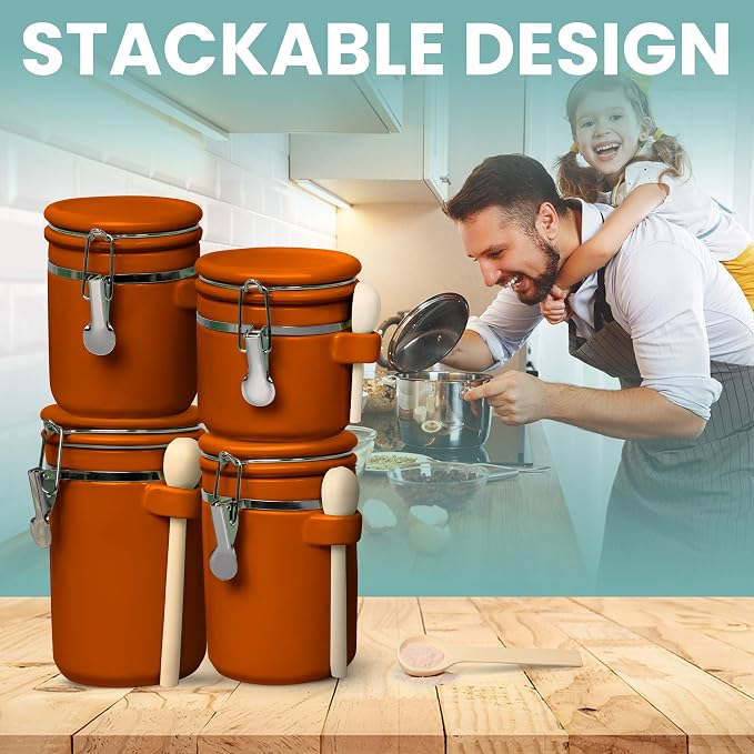 Home Intuition Ceramic Kitchen Canisters Set of 4 with Wooden Spoon Set – Airtight Containers, Metal Latches for Utmost Freshness – Sugar, Coffee, Flour, Tea & More | Rust