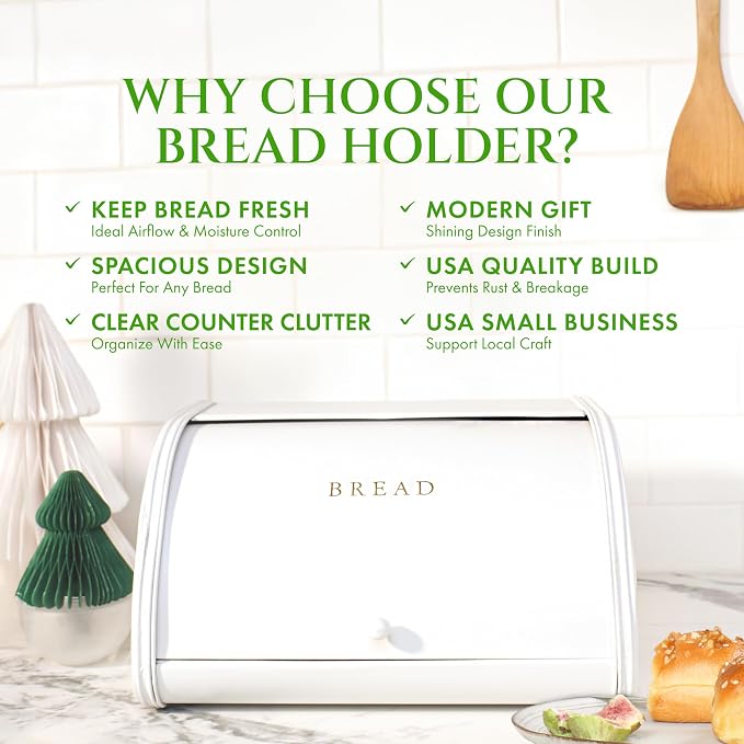 Modern Metal White Bread Box for Kitchen Countertop for Homemade Loaf Sourdough, Roll Top Breadbox for Kitchen Countertop Storage Container Bin, Farmhouse Stainless Steel Bread Keeper for Counters