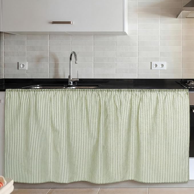 VitalCozy Cabinet Curtain 28" W x 51" L Sage Green Sink Skirt for Bathroom Kitchen Spring Green Strips Short Curtain for Home Classroom Drape Under Desk Privacy Drape for Laundry Room