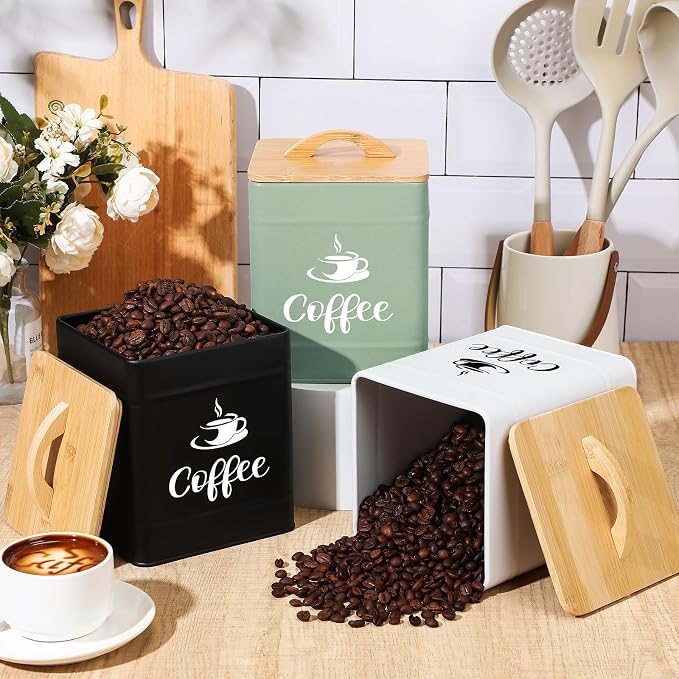 Maxdot 40 oz Coffee Container White Airtight Coffee Canister Large Iron Farmhouse Container with Wooden Bamboo Lid Tea Storage Canisters for Kitchen Countertop Grounds Beans Pods Housewarming Gifts