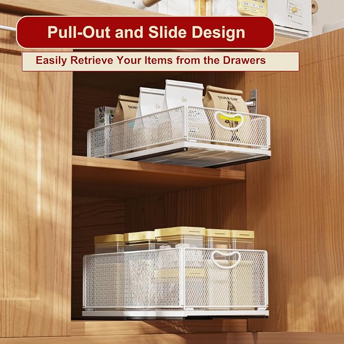 Pull Out Drawers for Cabinets Stackable or Single, Pull Out Cabinet Organizer, Adhesive Kitchen Cabinet Drawers Slide Out Pantry Shelves, Extra Rails