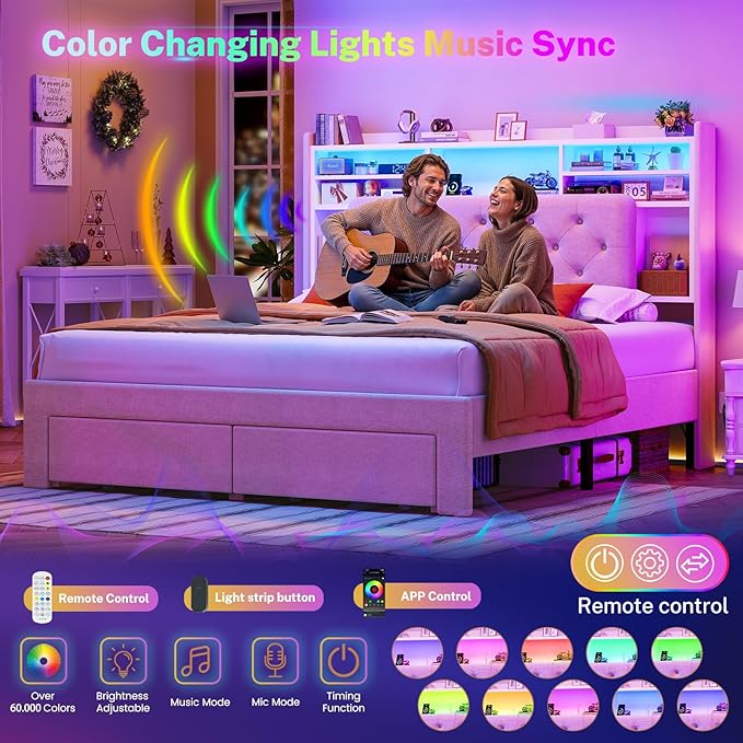 TEENFON Queen Bed Frame with Headboard and 2 Drawers Storage, Bed Frame Queen Size Built in LED Lights and Charging Station, Sturdy & Noise-Free Upholstered Platform Metal Bed, Beige