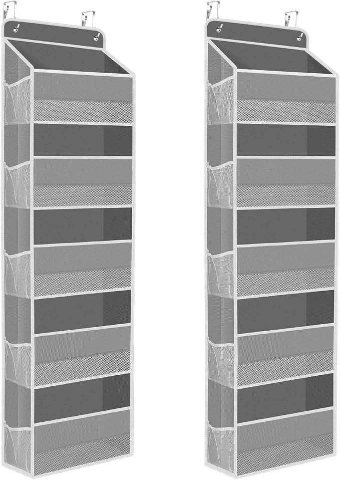 SpaceHacks 2 Pack Over The Door Organizer, Hanging Storage Organizer with Clear Window, 40lb Ultra Sturdy Large Capacity Room Organizer for Pantry Laundry Bathroom Nursery Closet (Grey)