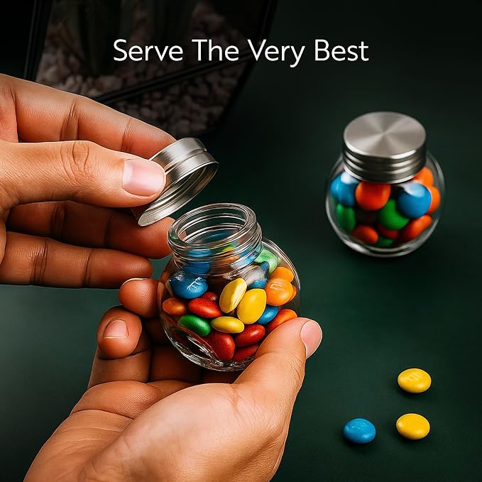 Restaurantware Vetri 2 Ounce Mini Favor Jars, 10 Durable Candy Jars - With Wide Spout, Chrome Lid, Clear Glass Candy Jars, Dishwashable