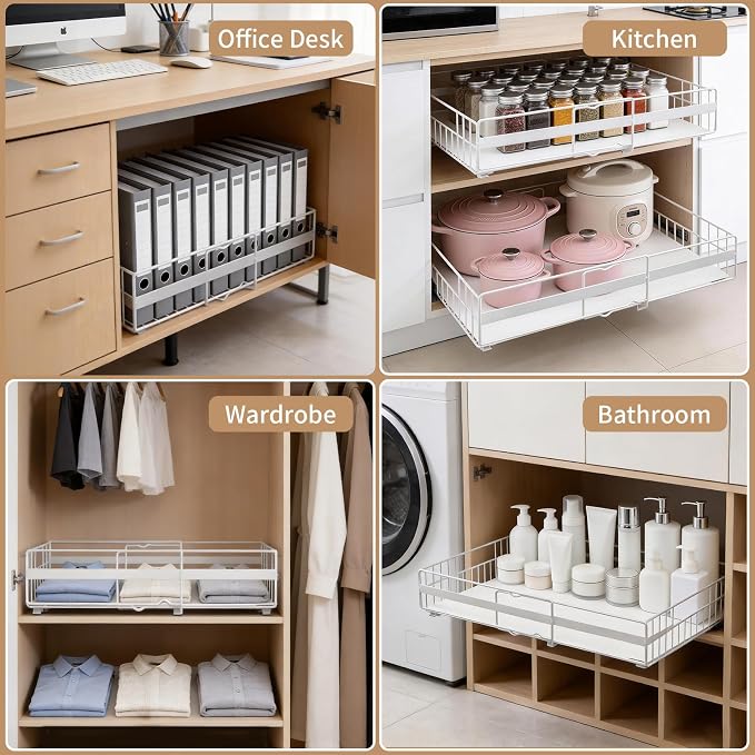 2 Pack Expandable Pull out Cabinet Organizer, Width (13"-21") Pull Out Drawers for Cabinets, Full Extension Upgrade 3 Slide Rails Slide Out Drawers, No Drill Adjustable Roll Out Shelves (White)