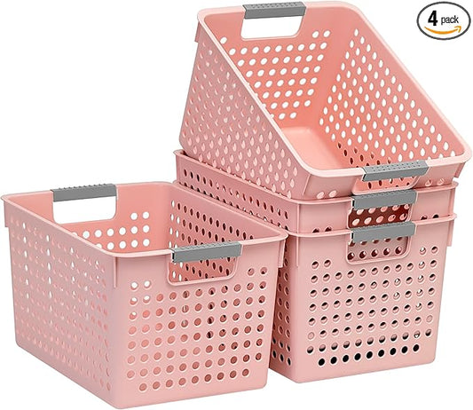 Soddeph 4 Pack Plastic Deep Storage Basket with Handles, Cubbies Organizer Bins with Hollow Design for Under Counter, Closet, Kitchen or Bathroom 12.3" × 8.7" × 6.9"(Pink, Medium)