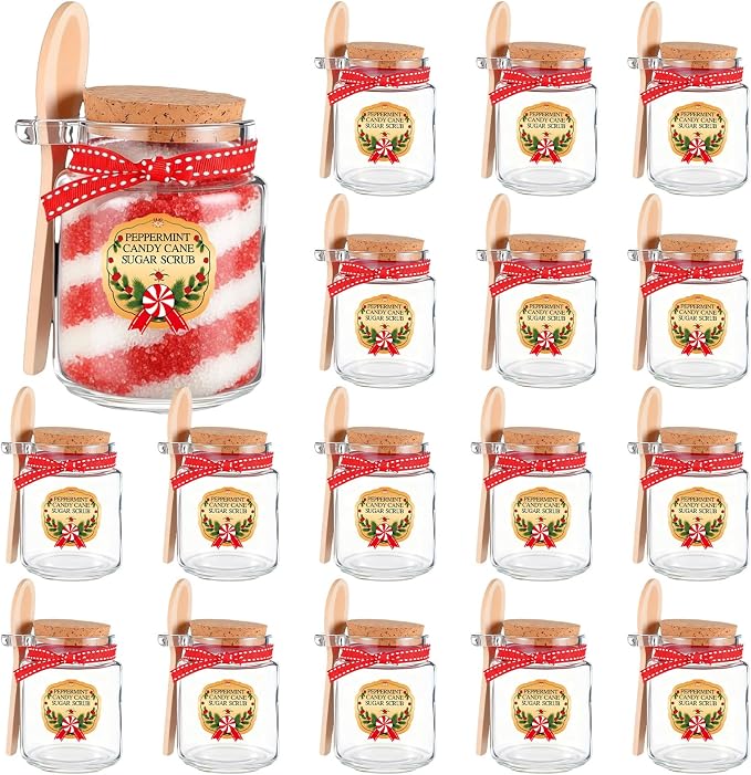LemonRoad 16 Set Christmas Glass Scrub Storage Jars with Lid and Spoon 3.4 oz Large Capacity Glass Sugar Scrub Container Christmas Gift Xmas Canisters Sets for Winter Home Countertop DIY Idea