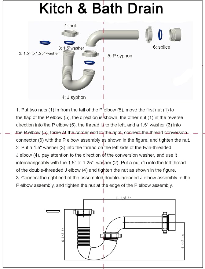 (1 Pack) Yariwiz White P Trap 1 1/2 Inch for Bathroom Kitchen Sink Drain Pipe Tubular Kit with Adjustable J-bend, White Threaded Adapter and Blue TPE Washer KSD-004W