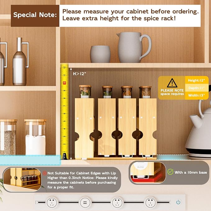 Jolitac Bamboo Pull Out Spice Rack for Cabinet, Slide Out Drawers, Space-Saving Seasoning Kitchen Pantry Sliding Vertical Organization, Easy to Install, 12.3" Wide, 4 Drawers(1.85" Wide), 2-Tier