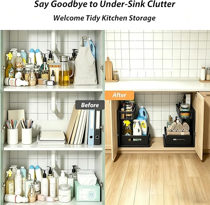 Upgraded Under Sink Organizer, 2 Tier Pull Out Kitchen Cabinet Organizer Metal Slide Out Bathroom Organizers and Storage Makeup Drawer Organizer for Office Bedroom Restroom Livingroom