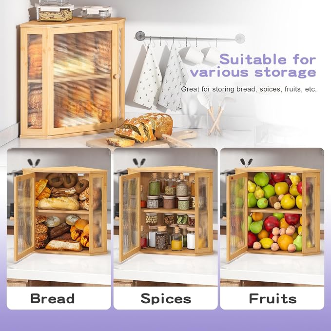 Corner Bread box for Kitchen Countertop,Farmhouse Bread Box with Acrylic Wavy Door Panel,Large Bread box for kitchen countertop,Food Storage Container (Natural, Extra Large)