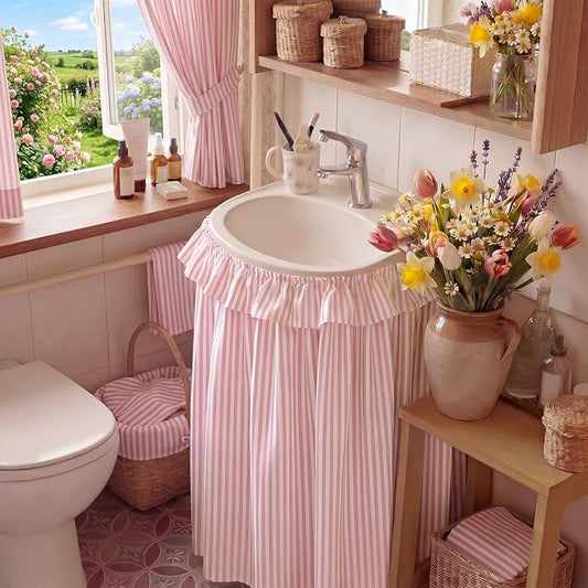 Pink Ruffle Gingham Sink Skirt Self-Adhesive Bathroom Stitch Self Stick Adhesive Fabric Under Sink Curtain Skirt 32 x 55 in for Bathroom Kitchen Laundry Utility Room Decor(Stripe)