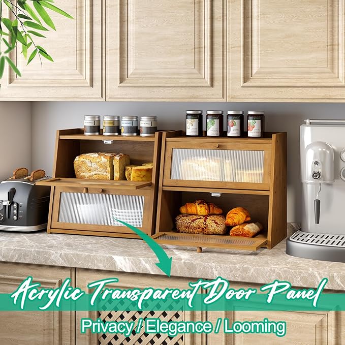kiplant Bread Box for Kitchen Counter, Double Layer Large Bamboo Wood Bread Box, Bamboo Bread Storage Container with Wavy Arcylic Transparent Door