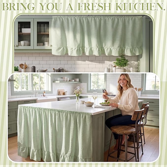 VitalCozy Cabinet Curtain 28" W x 51" L Sink Skirt for Bathroom Kitchen Sage Green Stripes Ruffles Spring Short Curtain for Home Classroom Farmhouse Drape Under Desk Privacy Drape for Laundry Room