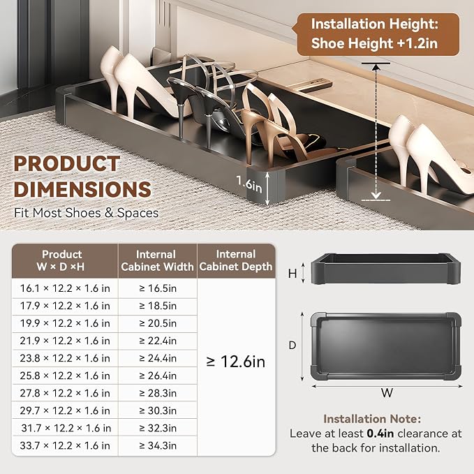 Under-Cabinet Pull Out Shoe Rack, Push-to-Open Sliding Storage Tray for Entryway/Closet, Hidden Kick-to-Open Shoe Organizer, No-Drill Installation, Durable Aluminum Frame