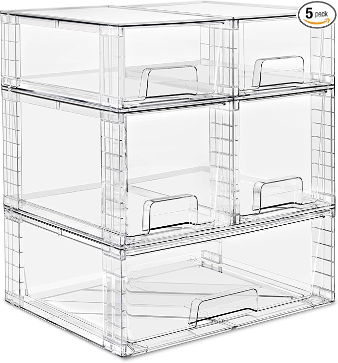 Sorbus Stackable Clear Storage Drawers, 5 Pack (1 Wide + 2 Medium + 2 Small) Pull-Out Organizer Bins – Plastic Drawer Organizers for Bathroom, Vanity, Makeup, Under Sink & Countertop Organization
