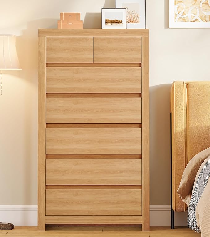 TEENFON 51.6" Tall Dresser for Bedroom with 7 Drawers, Modern Dressers & Chests of Drawers with Metal Handles, Wooden Dresser TV Stand, Bedroom Dressers, for Bedroom, Hallway, Natural