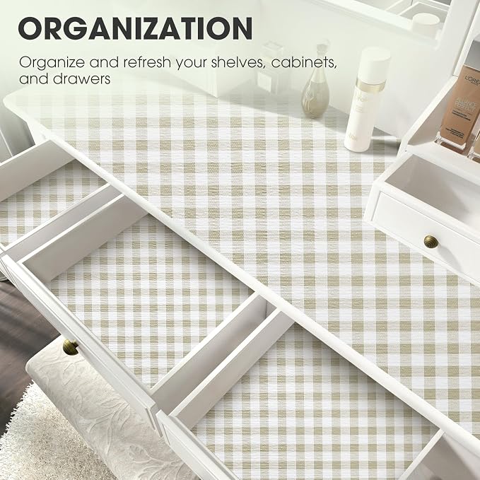 Drawer and Shelf Liner, Non-Slip Kitchen Cabinet Liners Non-Adhesive Thick Strong Grip Waterproof Washable Mats Protect Dresser Shelves Cupboard Bathroom Cabinets, Yellow Plaid, 18 in X 20 FT