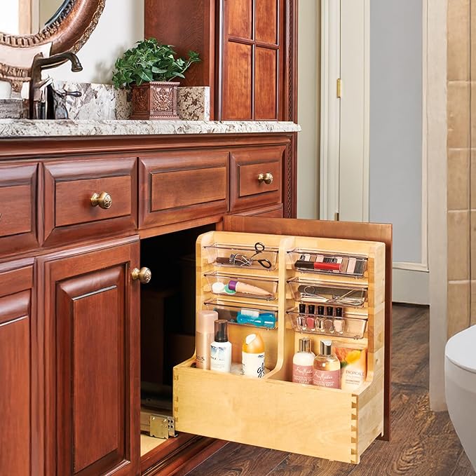 Rev-A-Shelf 24" Wood Vanity Sink Pull Out Organizer Cabinet Storage w/Soft-Close for Kitchen or Bathroom, Maple Wood, 441-12VSBSC-1