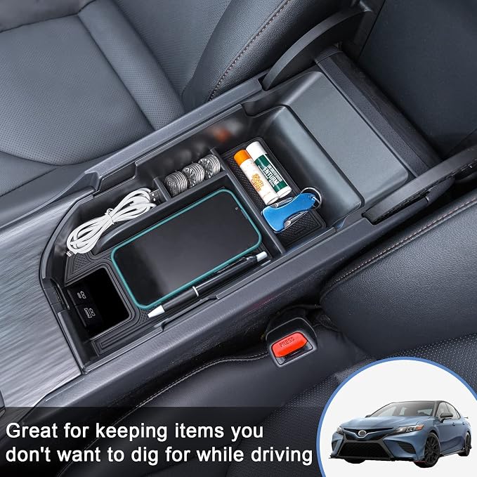 TOPINSTALL Center Console Tray Compatible with 2018-2024 Toyota Camry XLE XSE and 2020-2024 Camry LE SE with Dual USB Ports, Interior Accessories Armrest Console Organizer (Not for 2025)