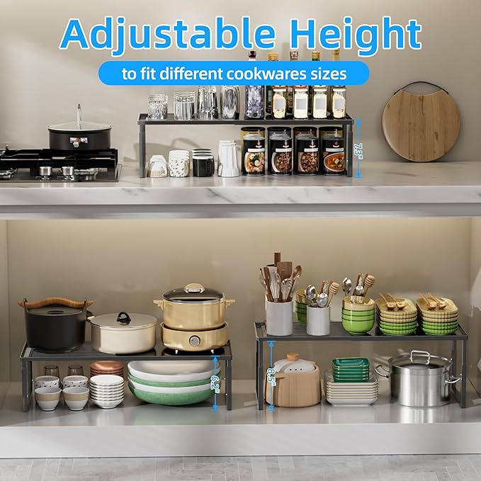 Shelf Organizer Stackable 1 Pack: Expandable (15.8"-25.5") Spice Rack Height Adjustable(6.2"/7.3"/8.5") Kitchen Organizer Countertop Metal Shelves for Pantry Storage Black