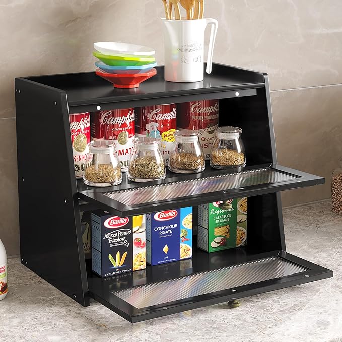 Double Layer Large Bamboo Bread Box for Kitchen Counter, Wooden Large Capacity Bread Storage Bin with Window Bread Holder