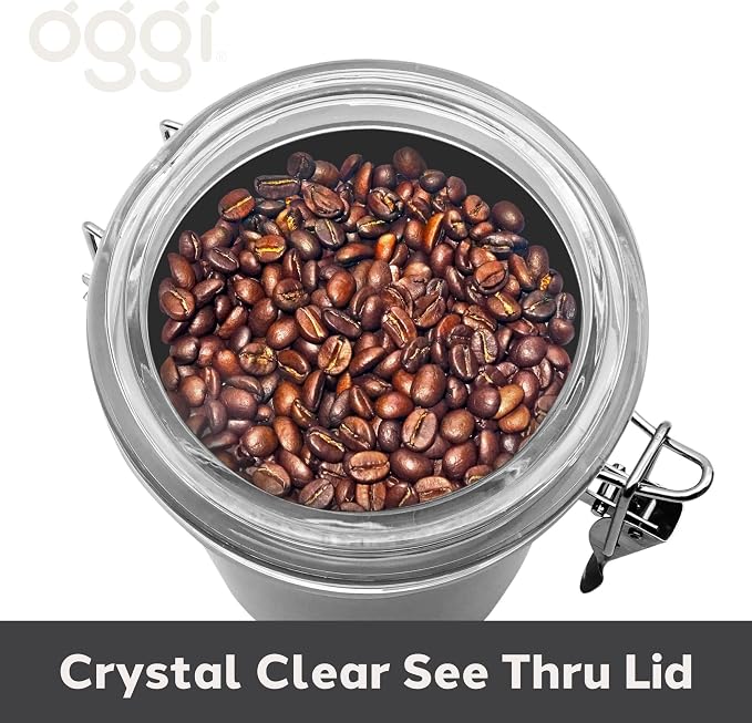 Oggi Stainless Steel Coffee Canister 62 fl oz - Airtight Clamp Lid, Clear See-Thru Top - Ideal for Coffee Bean Storage, Ground Coffee Storage, Kitchen Storage, Pantry Storage. Large Size 5" x 7.5".