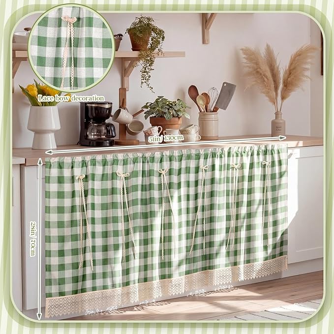 VitalCozy Cabinet Curtain 28" W x 51" L Sink Skirt for Bathroom Kitchen Green Checkered Lace Ruffles Short Curtain for Home Classroom Farmhouse Rustic Drape Under Desk Privacy Drape for Laundry Room