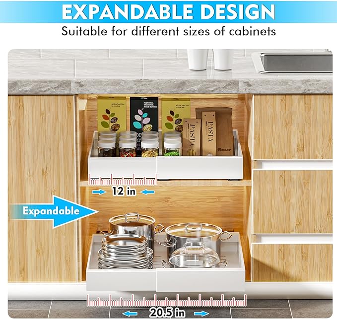 YFXCVSL Expandable Pull Out Drawers (12.6''-20.5''), Slide Out Cabinet Organizers with Adhesive Nano Film for Kitchen Organization (White)